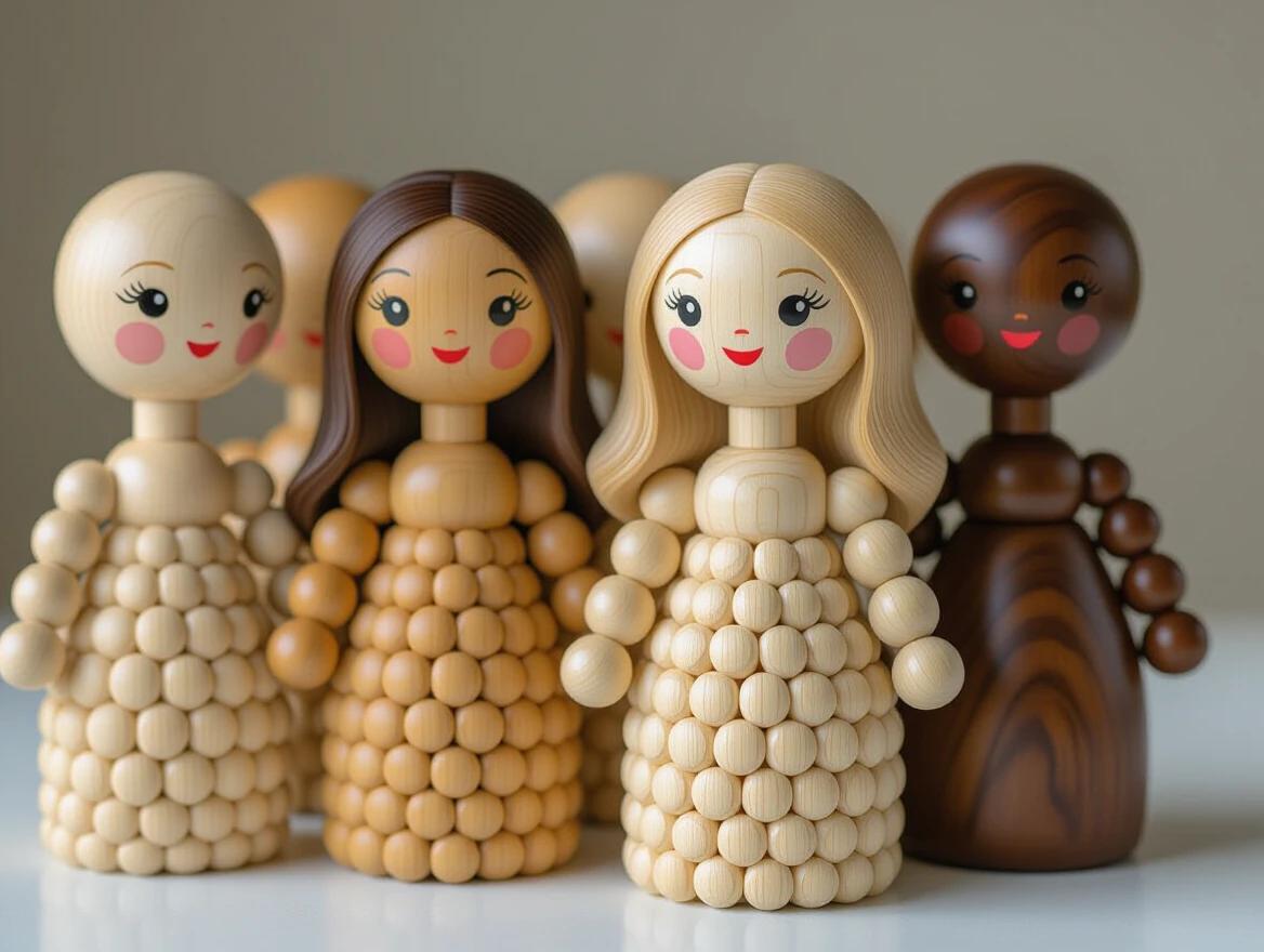 Wooden dolls made of small wood balls displayed together. Dolls have unique hairstyles and designs. High-quality image with perfect details. Vibrant and warm color tones creating a cozy atmosphere.