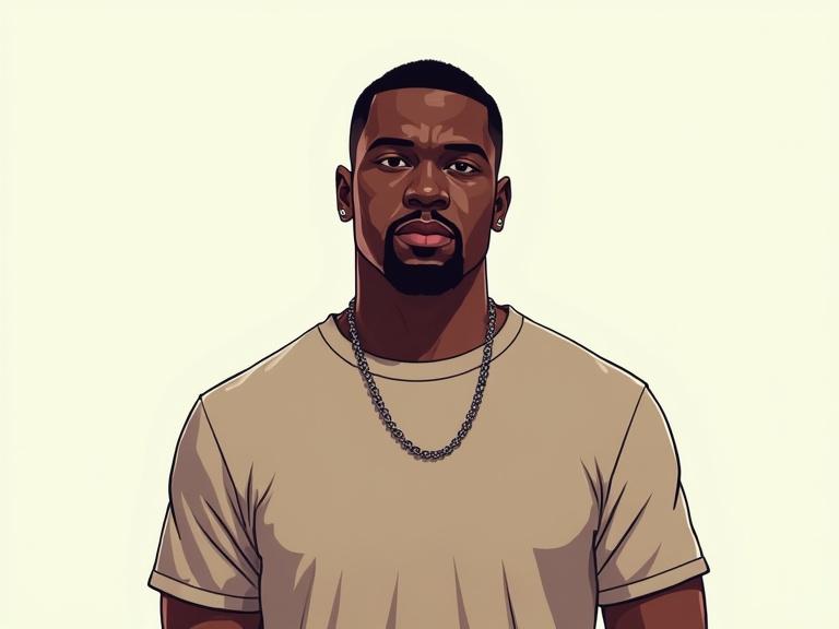 Black male character directly facing camera. Full frontal view. Bright light with no shadows. Solid color t-shirt. No accessories. Background not visible. Grand Theft Auto style digital illustration. 10-color palette with flat colors.