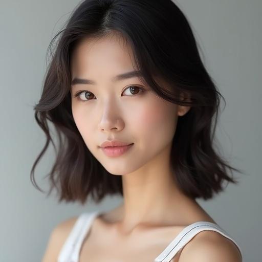 A portrait focusing on a woman's face with dark hair. She wears a clean white top with no patterns. The frame excludes her arms, showing her shoulders and upper chest. The woman has glowing skin with minimal makeup, expressive dark eyes, and slightly wavy hair. Soft lighting highlights her features against a gray background. The style is inspired by contemporary luxury cosmetics ads.
