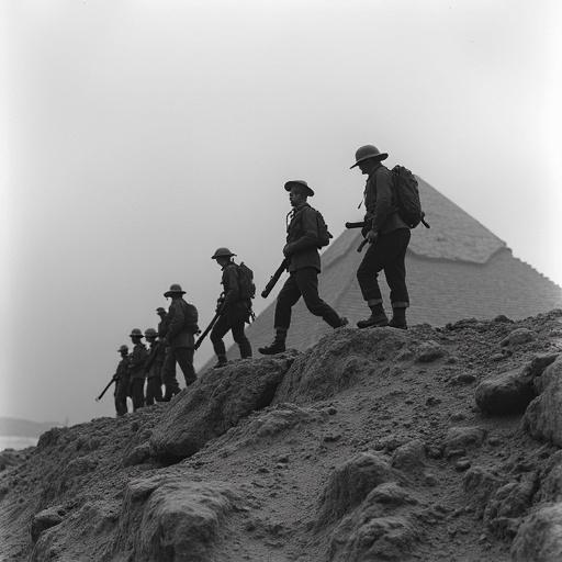 New Zealand soldiers on the pyramids during World War II. Soldiers are seen walking with weapons on a rocky terrain. Pyramids are faintly visible in the background under foggy conditions. It captures a historical moment from the war era.