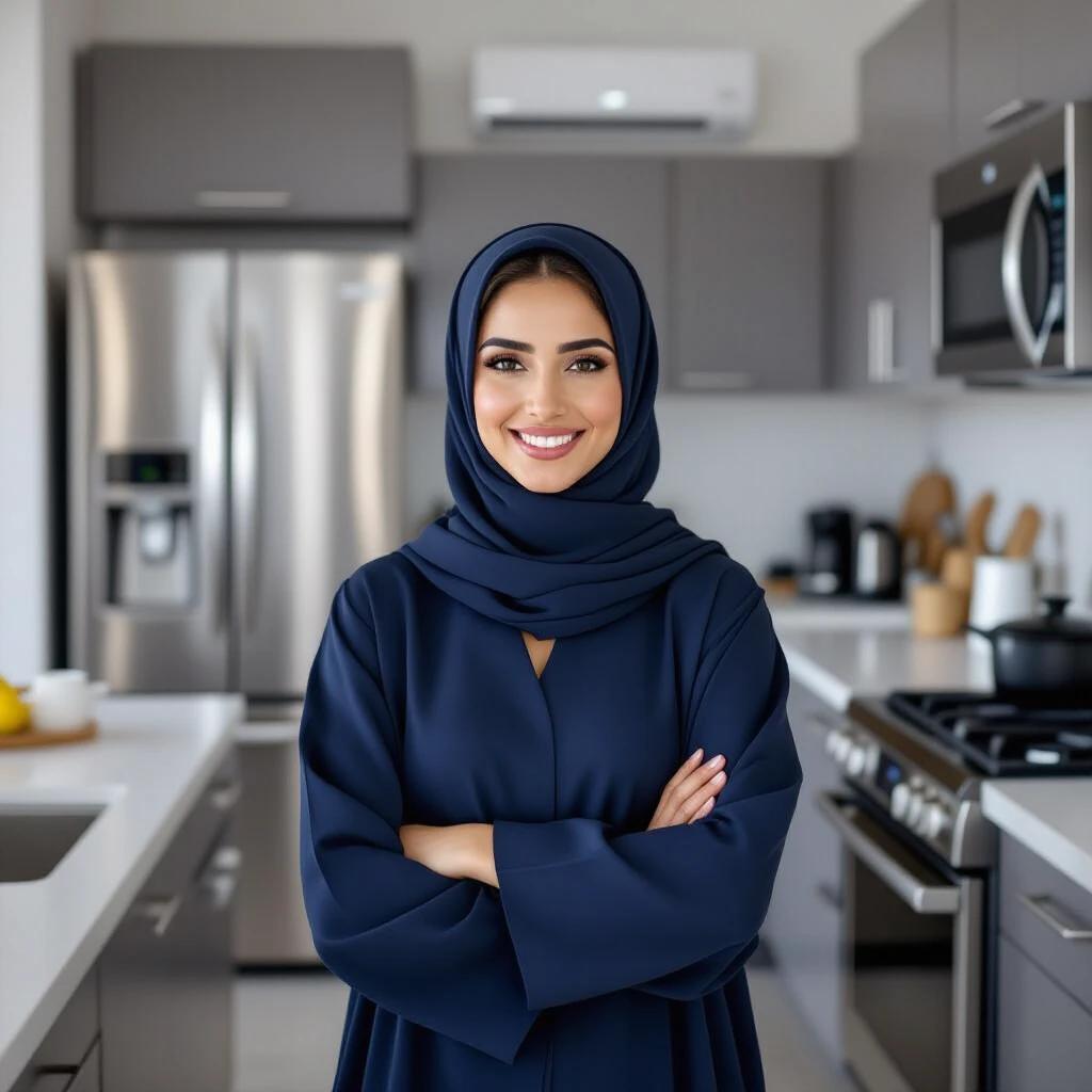 A woman in a dark navy blue abaya stands in a modern kitchen. She is smiling confidently with arms crossed. The kitchen features stainless steel appliances like a refrigerator and stove. The color scheme includes dark blues, greys, and metallics, illuminated by bright lighting. 'TUGAR SAUDI REVIEWS' is displayed in bold gold text in the foreground.
