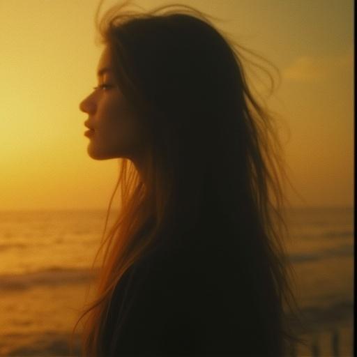 Darkly toned portrait of a girl with a blurred background. Orange-yellow sunset setting. High attractiveness with avant-garde styling. Soft focus and film grain effects. Minimalistic and expressive atmosphere. Dreamy visual storytelling.