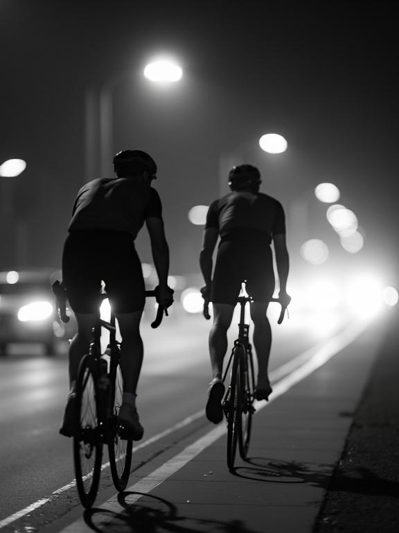 A high-grain black-and-white photograph showing two cyclists at night. The scene is dimly lit with city lights in the background. The cyclist on the left wears dark gear; the cyclist on the right is in bright gear. Motion blur creates a ghost-like presence suggesting speed and urgency. The background includes faint streetlights and car trails, adding to the urban feel. The sidewalk glows slightly under artificial lighting, creating a gritty, atmospheric look.