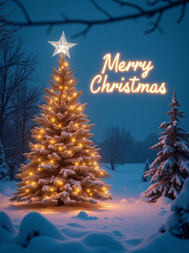 A festive Christmas Tree covered in snow with bright glowing lights. A star sits on top of the tree. The atmosphere is magical and serene. The background has gentle falling snow. The text Merry Christmas is beautifully illuminated in the night sky.