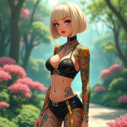 Anime inspired character featuring a 40 year old woman with emerald eyes and a light blonde bob. Dressed in edgy Louis Vuitton streetwear. Portrayed in a luxurious Japanese garden with colorful tattoos.