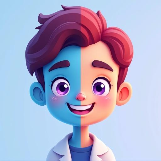 Create cartoon character representing Dr. Deoxy. Face has soft symmetrical features. Character has purple expressive eyes. Displays a gentle smile. Warm brow structure. Half of face is blue. Other half is red. Illustration should symbolize biochemistry and biotechnology. Modern design elements needed for educational branding.