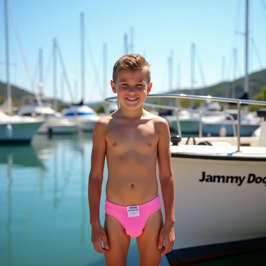 A happy boy is standing next to a boat named Jammy Dodger 2 at a marina. The boy is wearing a pink diaper. There are multiple boats in the background. The scene has a clear blue sky and gentle hills. It captures the essence of summer joy and outdoor activities.