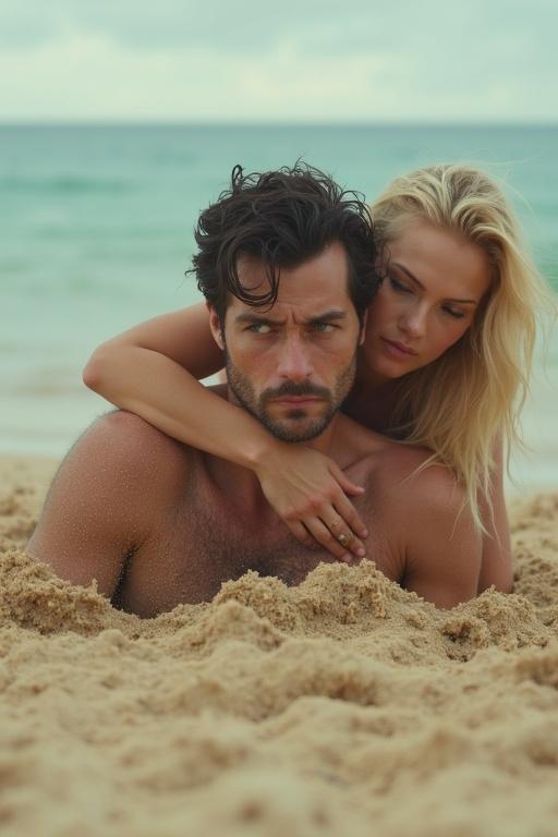 Couple on a beach. Dark haired man looks scared. Blonde woman holds him from disappearing in sand. Both show panic and fear. Ocean is in the background. Soft lighting with grey sky.