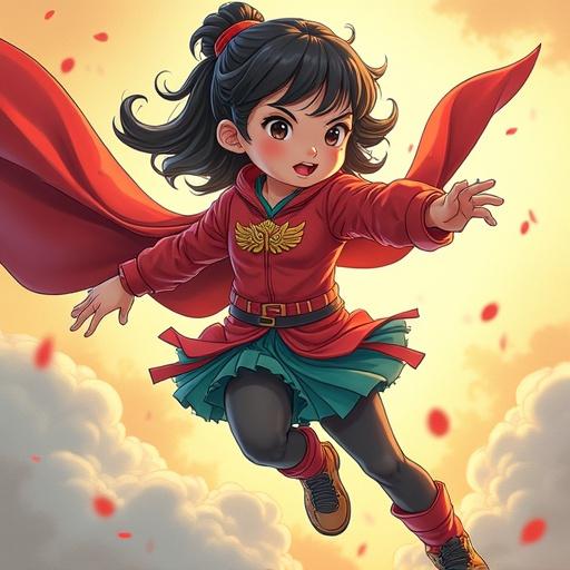 Asian super hero character depicted in anime style. Dynamic action pose. Full body illustration. Bright colors and detailed costume.