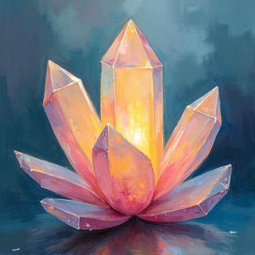 Crystal phial rendered in Impressionism style with soft brushstrokes showcasing light and color. Central focus on various crystal shapes with illumination.