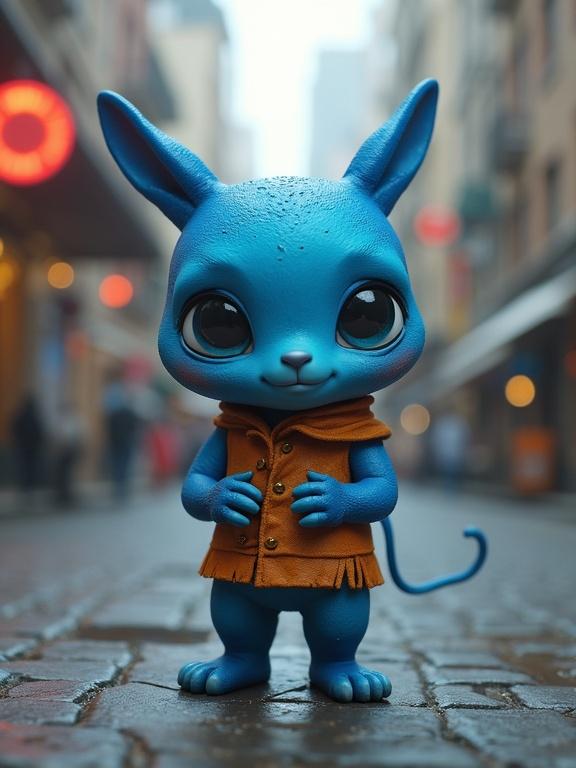Stylized 3D digital art of a cute blue snak man character. The character has large expressive eyes and a friendly stance. The background features a blurred urban street environment. The artwork combines elements of claymation with photorealistic rendering, using soft cinematic lighting to enhance the scene.