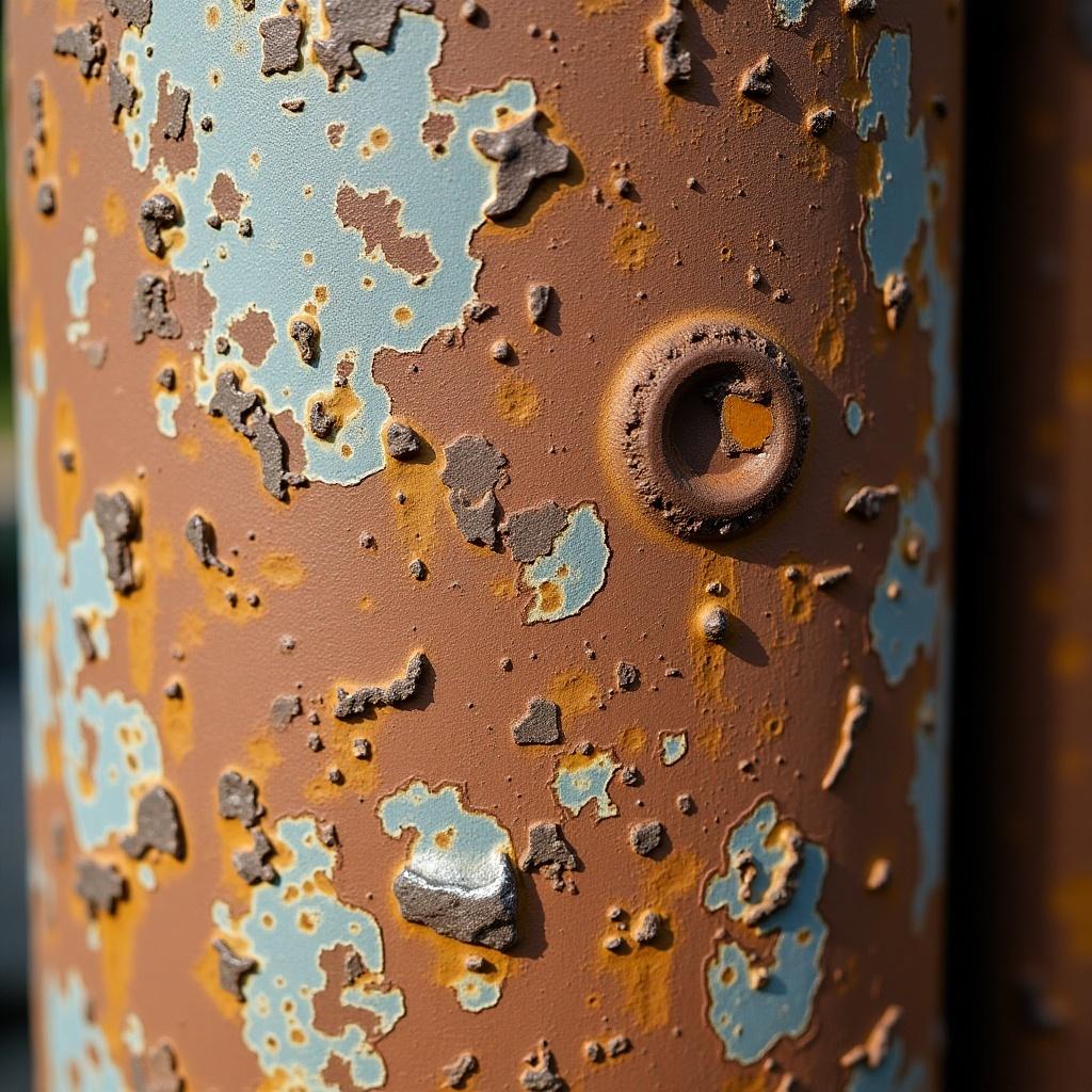 Close-up of a rusty metal surface with peeling paint. Showing texture and colors of rust.