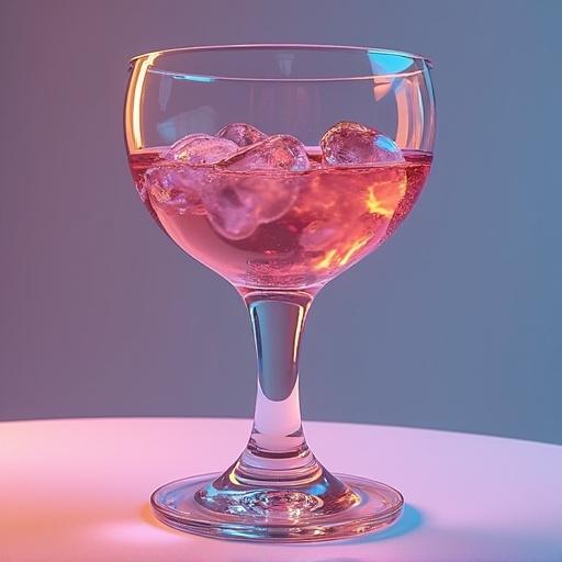 3D glass filled with colorful liquid and ice. Glassmorphism effect is present. Soft ambient lighting illuminates the scene.