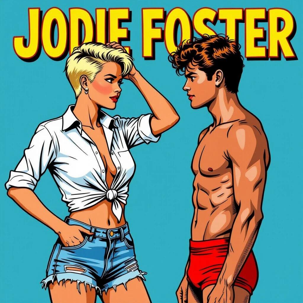 Comic-style illustration featuring Jodie Foster as a young woman. She stands face-to-face with a young man. The woman has short punk-style hair and wears a knotted white shirt and ripped denim shorts. The man is in red speedos with curly hair. Bright colors emphasize the comic theme.