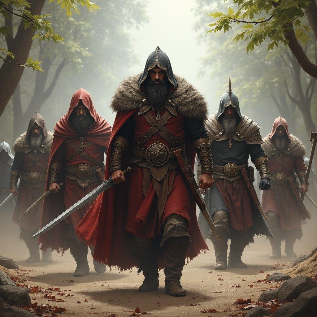 Image depicts a group of warriors and mages standing ready for battle. They are in a forest with mist and autumn leaves. The central warrior wears a red cloak and armor. Characters include hooded figures and menacing stances. All are equipped with swords. A dramatic, adventurous scene is presented.