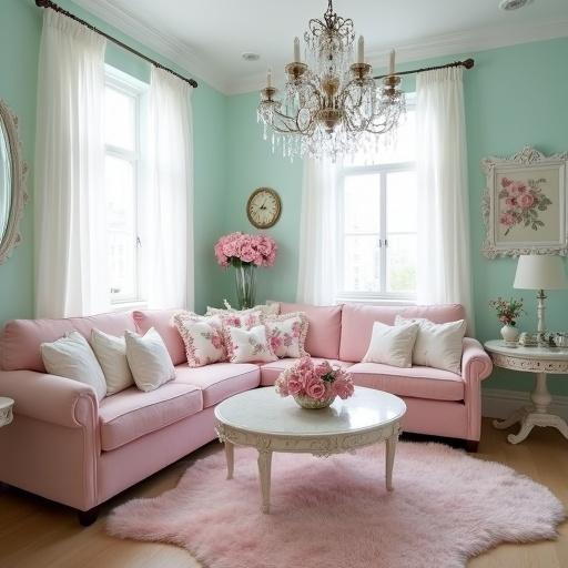 Cottagecore living room featuring pale aqua walls. White floor to ceiling windows adorned with sheers. Pink sofa with white pillows featuring rose patterns. Crystal chandelier hangs above. Ornate white oval mirror reflects the light. White coffee and end tables complement the decor. Antique vases filled with pink roses add charm. Soft pink fur oval rug enhances the cozy atmosphere.