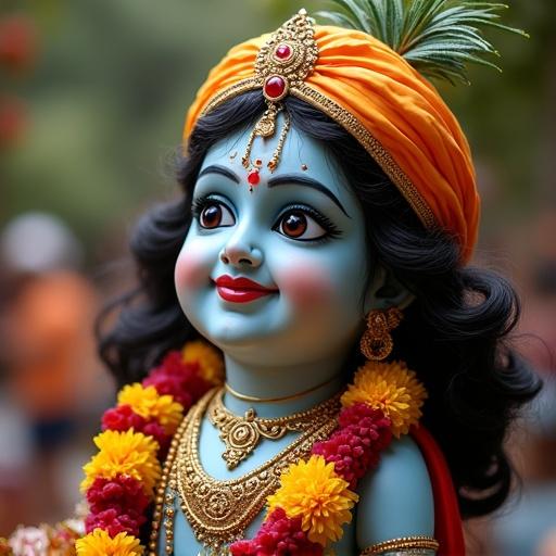 A charming image of Lord Krishna depicting a joyful smile. The statue is adorned with traditional jewelry and vibrant garlands. It's designed in a playful, childlike manner, showcasing Krishna's divine charm.