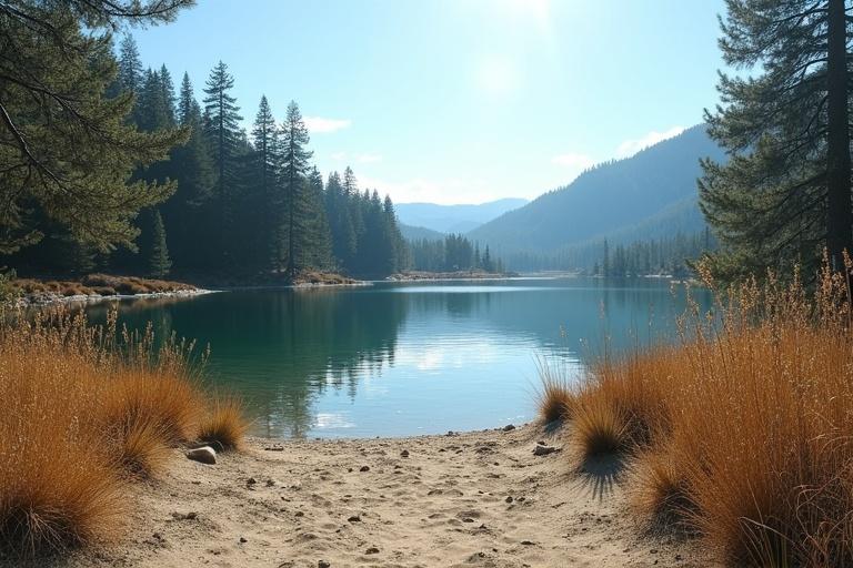 A serene lake nestled in a pine forest. A sandy shore with tall reeds is visible. The day is bright and sunny. Mountains can be seen in the background along the lake's edge.