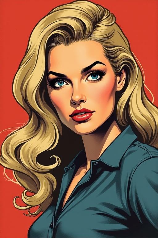 A confident woman with long dark blonde hair and piercing blue eyes. She has a bold expression with a smirk. Styled in the 1940s/50s propaganda poster fashion. Background is a solid deep red to highlight her features. Pose is original with a slight head tilt.