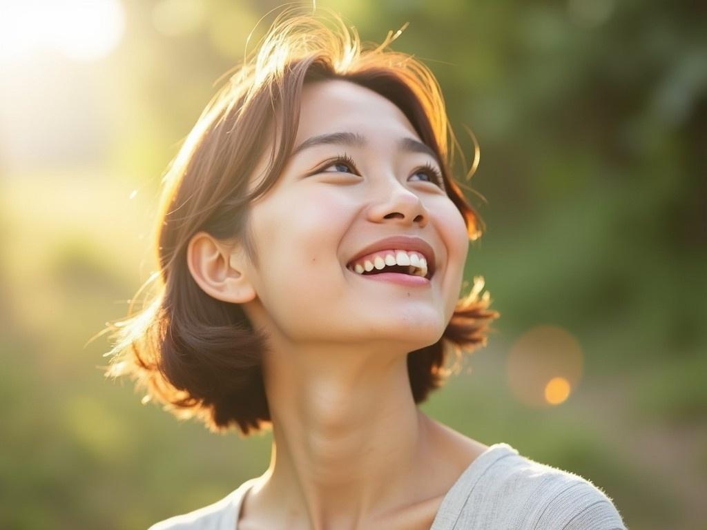 The image showcases a Korean woman with light hair, styled in a casual, youthful manner. She has a radiant smile and bright skin, embodying joy and positivity. The photograph is captured in natural daylight, with a soft focus on her face amidst a blurred green background. Her expression conveys happiness, suggesting a carefree moment. This close-up portrait highlights her beauty and the serene environment around her.