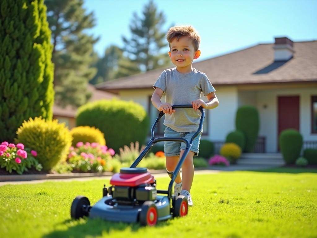 A young child joyfully mowing the lawn on a sunny day with a house and garden in the background.