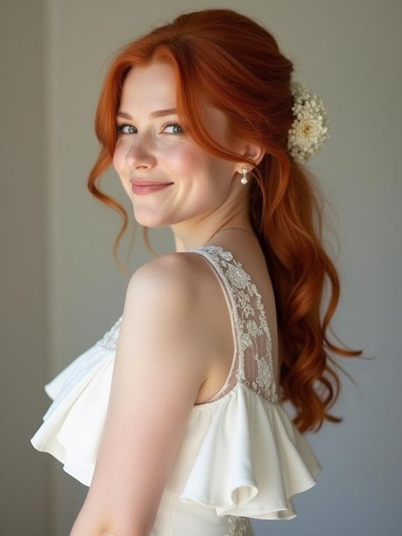 A 20 years old woman stands in side view. The woman has long red hair styled elegantly. She wears a beautiful white wedding dress featuring a ruffled neckline. A subtle smile appears on her face. The background is simple and light, highlighting her joyful demeanor.
