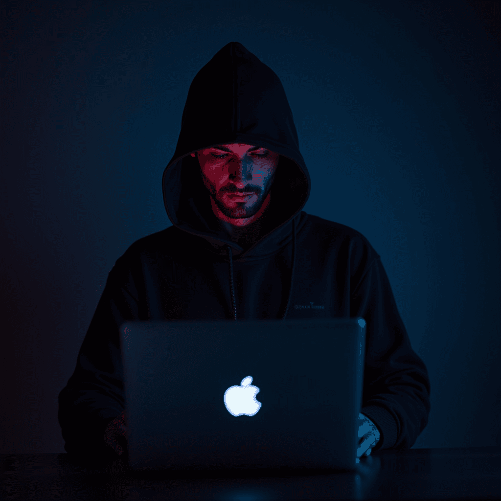 A person wearing a hooded sweatshirt works intently on a glowing laptop in a dimly lit room, creating a mysterious and intense atmosphere.