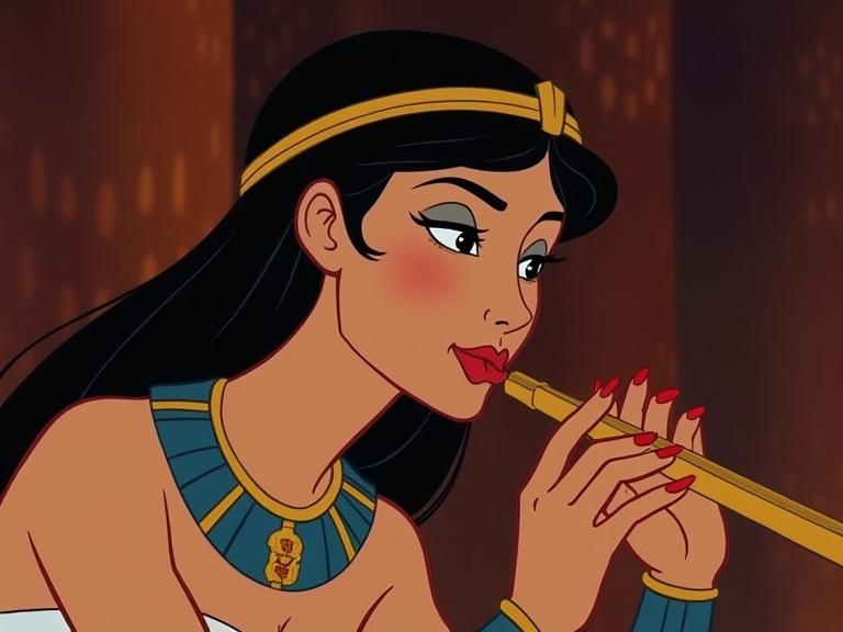Cleopatra character illustrated in Disney animation style playing a flute. She has long black hair with an Egyptian headband and wears a traditional outfit with gold accessories.