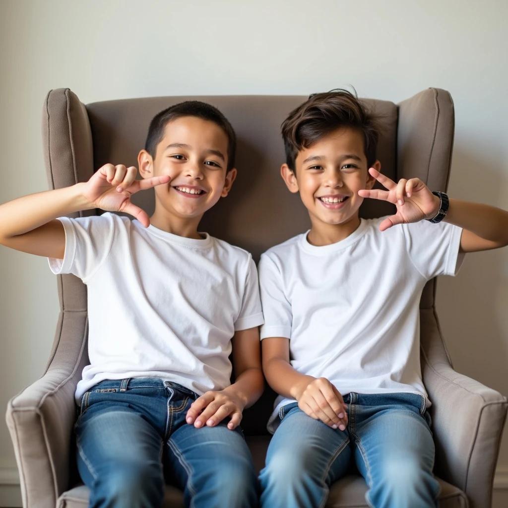 Portrait of two boys in white tee-shirts and jeans. They sit together in a high back chair. Each boy makes a heart sign with their hands. They have joyful expressions.