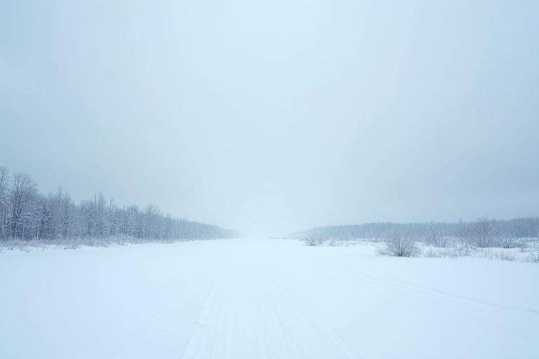 A vast, empty snowy landscape stretches endlessly in all directions. The ground is covered in thick, untouched snow. No trees, no structures, no footprints. Silence and white desolation prevail. A cold wind blows steadily, carrying snow flurries across the scene. Air is thin and biting. The landscape is cast in pale blue tones. Overcast sky heavy with grey clouds. A sense of isolation and ominous stillness hangs in the air. Nothing moves but the snow.