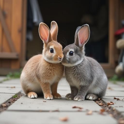 Photograph captures two rabbits in a peaceful moment. The rabbits have brown and grey fur. They are standing on square concrete tiles. Their noses are touching in curiosity. The background features a rustic wooden shed. Natural light illuminates the scene during the day. Small details like fur texture are visible. Scattered leaves and twigs decorate the ground. The rabbits are in the foreground with slight shadow under the shed. Soft lighting enhances the natural colors of the rabbits. The image showcases a close-up view with slight blur in the background.