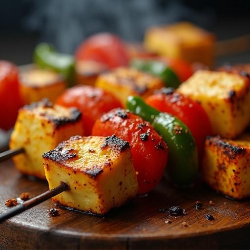Close-up macro photography of Paneer Tikka with golden-brown paneer cubes and vibrant red bell peppers skewered. Rich, spiced marinade shown. Warm lighting highlights textures and details. A hint of steam indicates smoky aroma. The composition emphasizes juicy details against a rustic wooden background.