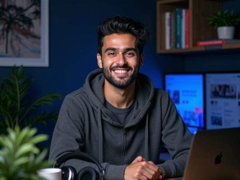 A photograph of a young Arab man smiling at his desk in a modern podcast room. He has wavy black hair and is wearing a charcoal gray hoodie. The setup includes a laptop, headphones, a microphone, and plants. The room has dark walls with blue LED lighting.