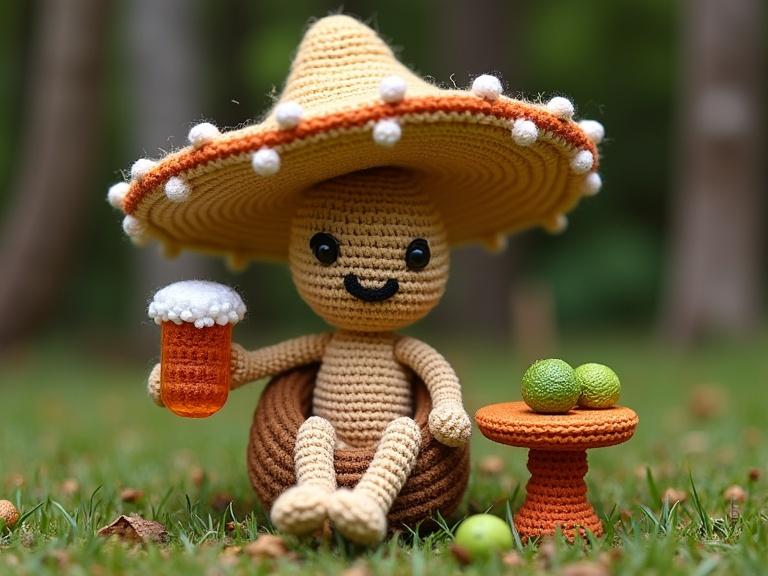 Anthropomorphic mushroom character crafted from crochet designs. Wearing a sombrero with puff balls. Sitting on a crocheted hammock holding a crocheted beer. Beside a crocheted table with limes. Background features crocheted trees and grass.