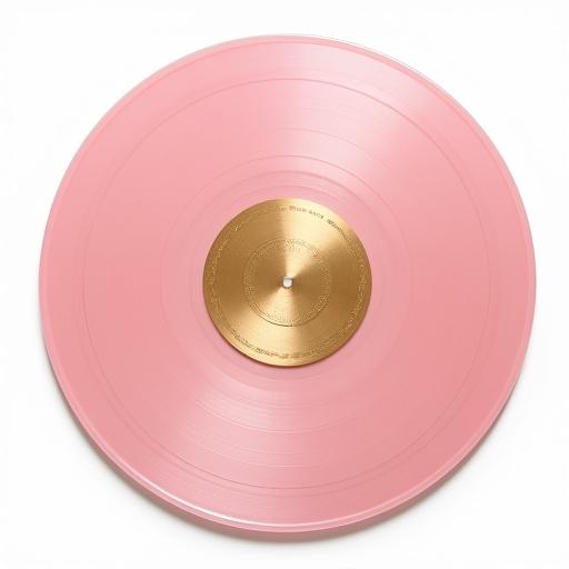 Luxury pink vinyl record with golden center. Elegant and stylish design. Soft reflections with a premium look. Isolated on pure white background. Photorealistic and high resolution. Clean lighting with soft shadows. Fashion accessory style.