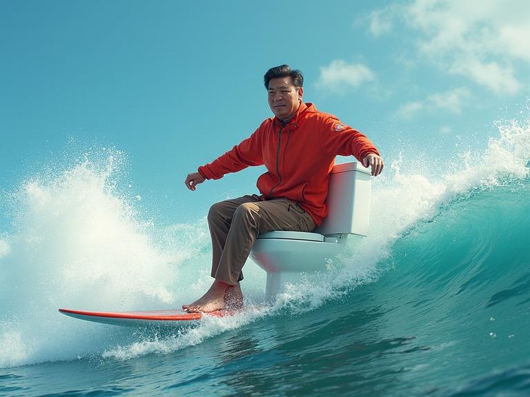 A man in an orange jacket surfing atop a toilet on ocean waves. He performs a barrel roll. Bright blue sky and vibrant white waves surround him.