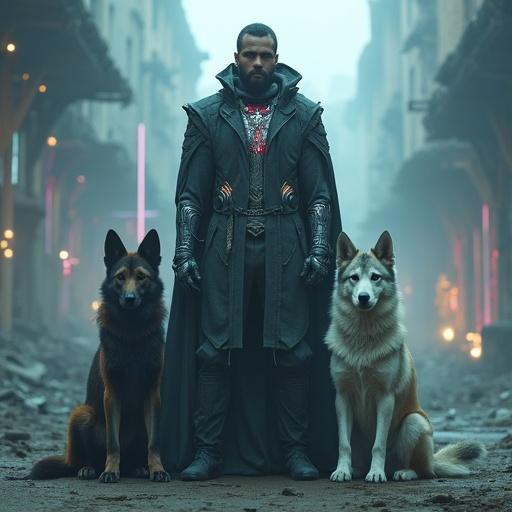 A superhero named Sayegard stands in a foggy urban ruin. Face is solemn with a short beard. Wears a tattered cloak with glowing filaments. Dogs sit symmetrically: one agile, one massive, one ethereal. Scene glows with energy and technology themes. Cinematic lighting and high contrast used.
