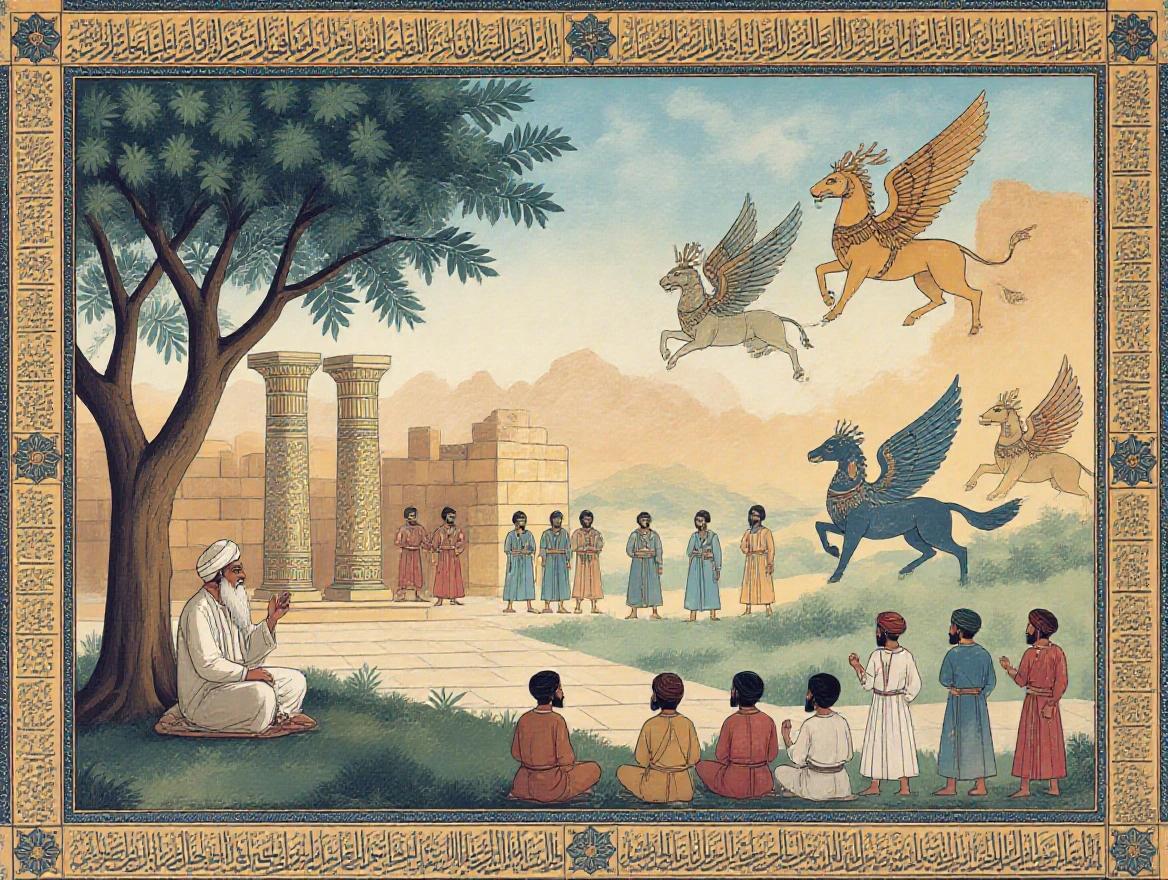 A panoramic ancient Persian scene inspired by Persian miniatures and historical motifs. Background features ancient Iranian architecture like Persepolis columns, stone reliefs. Mythical creatures are present, including winged lions. A wise old man sits under a tree, telling stories to listeners in traditional attire. Faded illustrations of mythical characters like Rostam and the Simurgh appear in a dreamlike haze. The scene uses an antique color palette with shades of lapis lazuli, gold, crimson, and parchment beige. Borders have intricate Persian patterns and calligraphy. No text. High resolution and cinematic lighting.