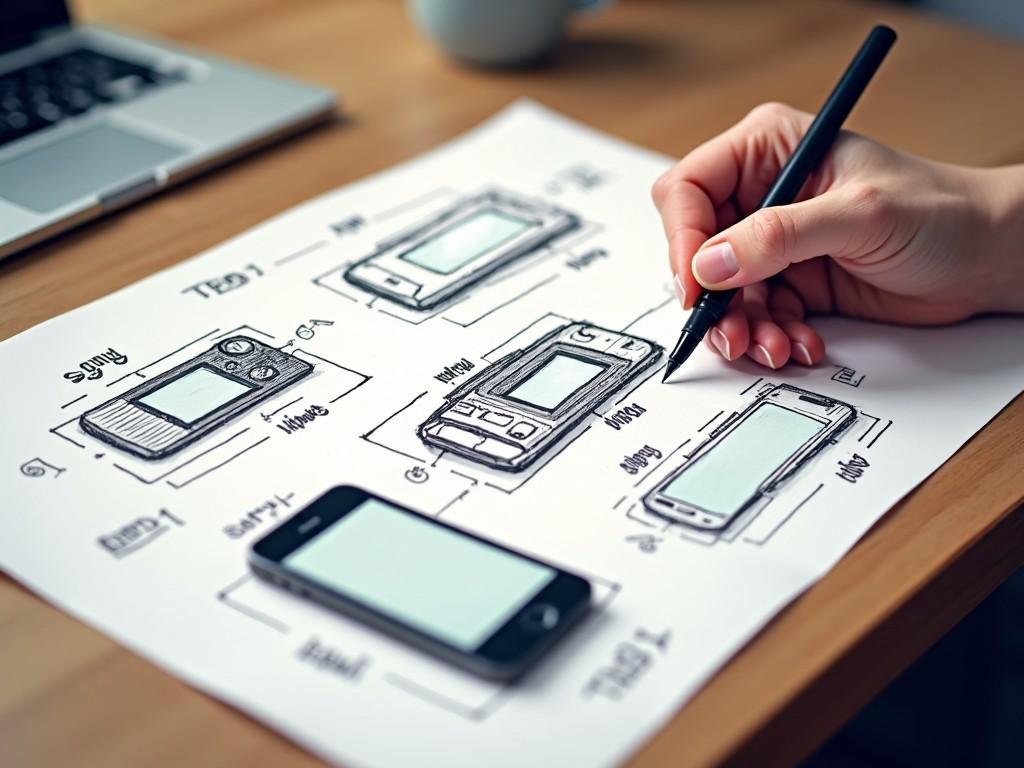 A person is drawing diagrams of mobile phones on a piece of paper using a black pen. The sketches depict various prototype designs, including influenced designs like the Sony and iPhone models. The desk is tidy with a laptop in the background and a cup of coffee, creating an inviting workspace. The sketches feature rounded lines and annotations for clarity. This image captures the essence of the product design process and creativity in technology.