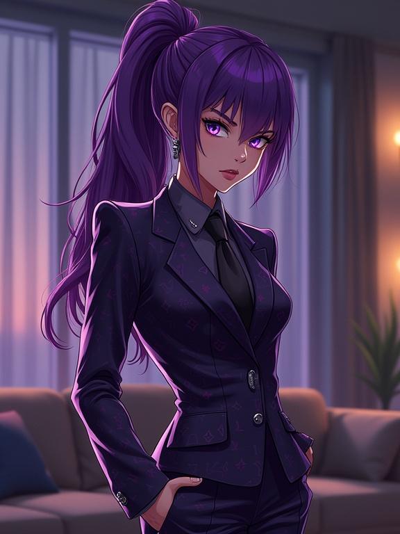 A young woman with amethyst purple accents stands confidently in a modern apartment living room. The elegant suit features a luxurious Louis Vuitton print. She has an oversized ponytail and a threatening posture while holding a fitted laser gun. The scene evokes a high-tech vibe with soft indirect lighting and sophisticated style details.