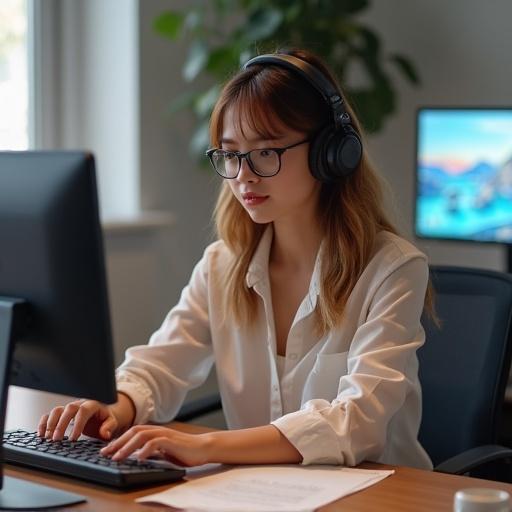 A young woman sitting at her desk using a computer. She wears headphones and glasses. A modern workspace with natural lighting is visible. Background contains another screen.