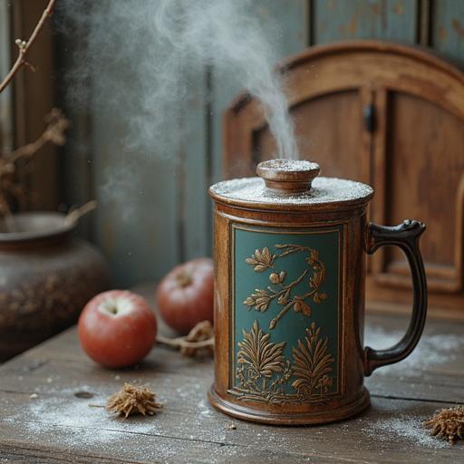 Scene depicting a vintage decorative canister with steam rising. Surrounded by fresh apples and a small pile of flour. Soft natural lighting creates a cozy atmosphere.