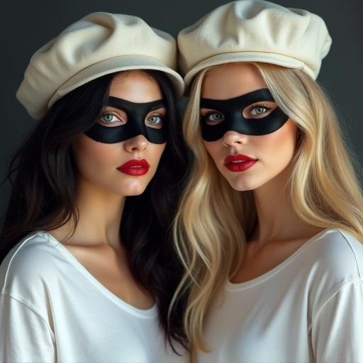 Portrait of two mature women with black hair wearing white T-shirts and berets with Zorro masks. They exhibit mystery. Portrait of a younger woman with long blonde hair, blue eyes, and red lipstick, looking defeated.