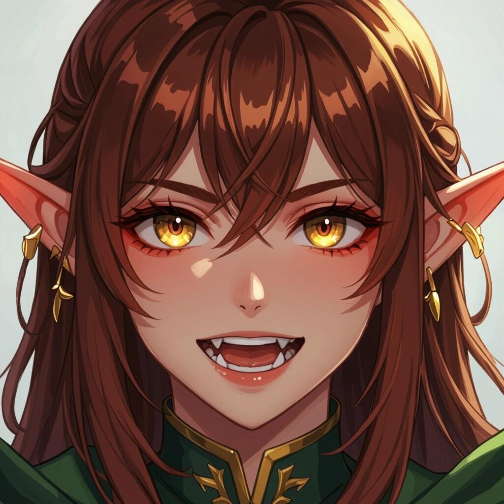 Close-up of an anime-style elf character. The elf has red skin, golden eyes, and brown hair with bangs. The mouth is slightly open, revealing sharp teeth.