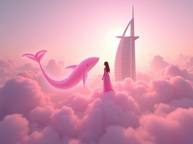 Surreal cinematic dreamscape features Burj Al Arab emerging from glowing pink clouds. Soft pastel pink hues dominate the scene. Multiple giant translucent whales float with a woman in a flowing pink gown. The atmosphere is immersive with gentle lighting and starry sky. Strong dreamlike elements enhance the fantasy.