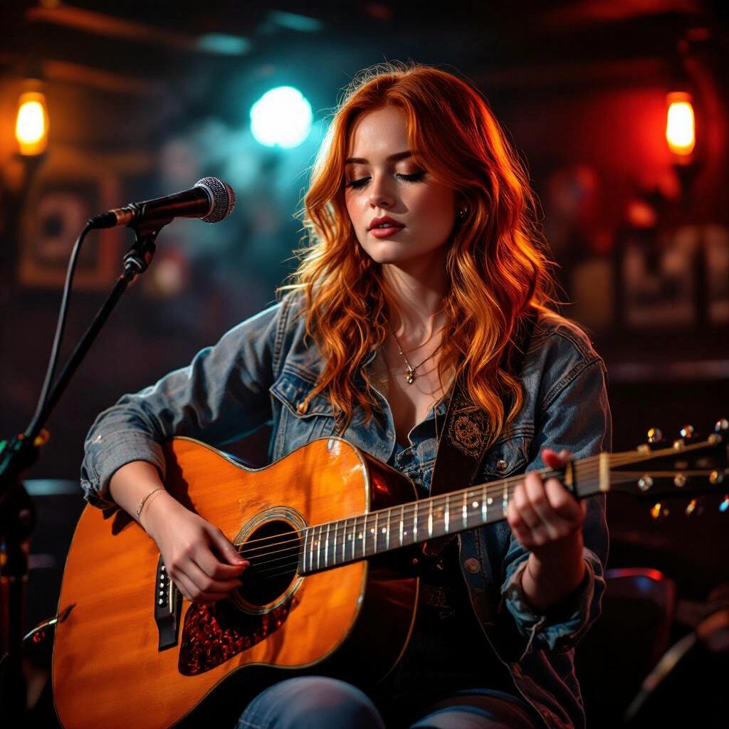 Red-haired girl playing guitar at a smoky pub stage during a dark night. Raw photograph of a music performance.