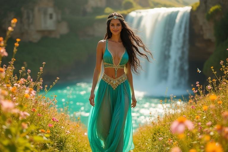 Arabian princess walks through enchanted grassland. She is joyful and graceful. The scene has golden sunlight. Wildflowers bloom around her. A waterfall cascades in the background. Her outfit is turquoise with gold embroidery. She has shiny black hair and a jeweled headpiece.