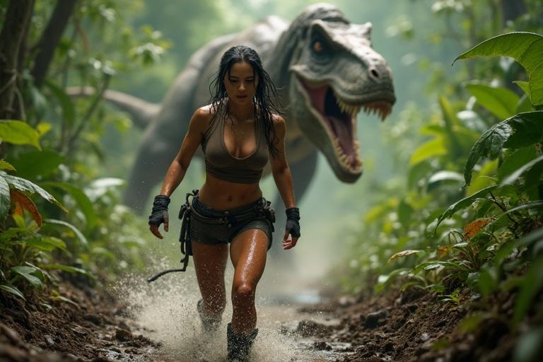 A woman runs through a jungle while being chased by a dinosaur. She shows intense determination. The environment is wet and lush with various plants. The T-Rex is behind her, displaying its massive size and power.