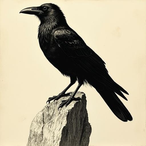 Etched raven perched on bone in intaglio print style. Classical fine printmaking style by Albrecht Dürer. High resolution with crosshatched details and embossed plate marks in black ink on ivory paper. Shadow created by raking top-light.