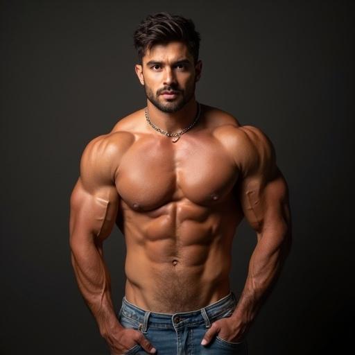 A muscular male model poses confidently against a dark background. Strong physique with defined muscles. Wearing denim shorts and a chain necklace. Expressing strength and confidence.